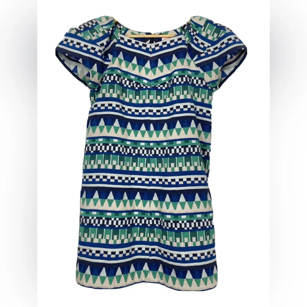 Gorman Women’s Shift Dress Blue Green Beige Aztec Short Puff Sleeve Size S 8 - Picture 3 of 12
